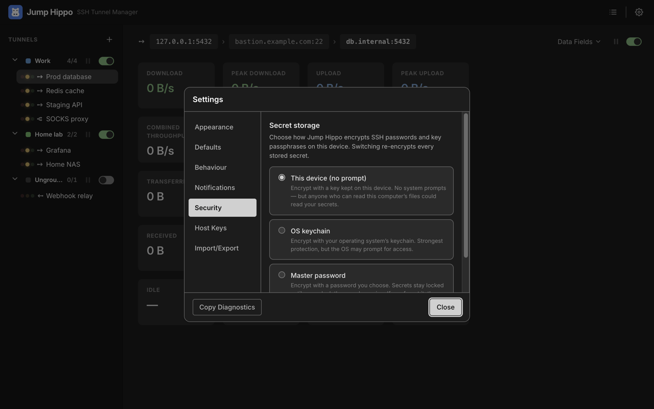 Settings → Security: the at-rest secret-storage chooser — This device, OS keychain, or Master password