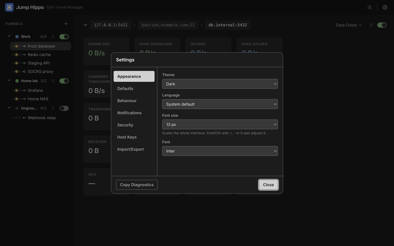 The Settings dialog — appearance, defaults, behaviour, notifications, security, host keys, and import/export