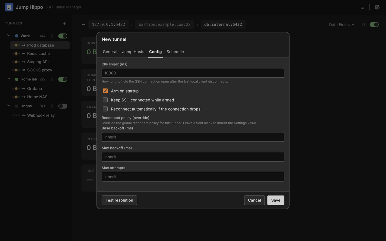 The editor's Config tab: idle linger, arm-on-startup, keep-alive, auto-reconnect, and the reconnect-policy override