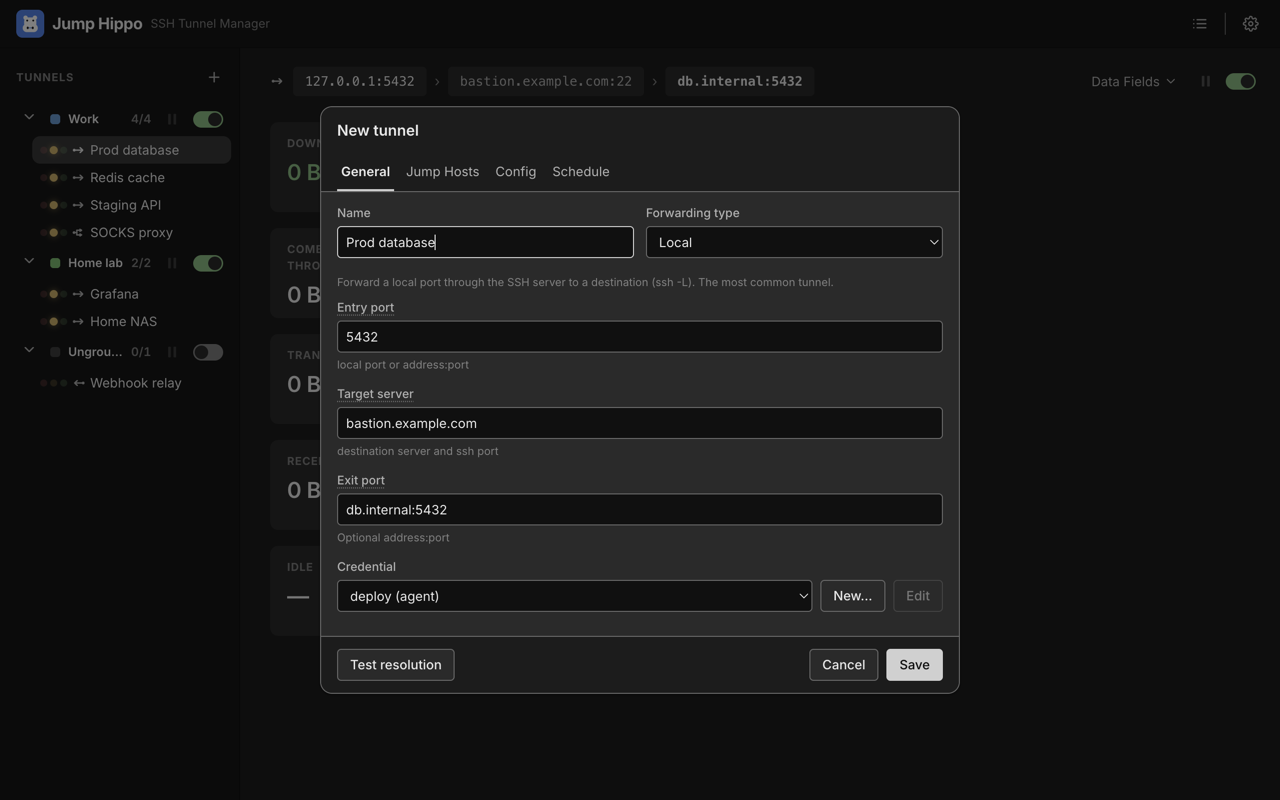 The editor's General tab, showing the Entry port, Target server, and Exit port fields